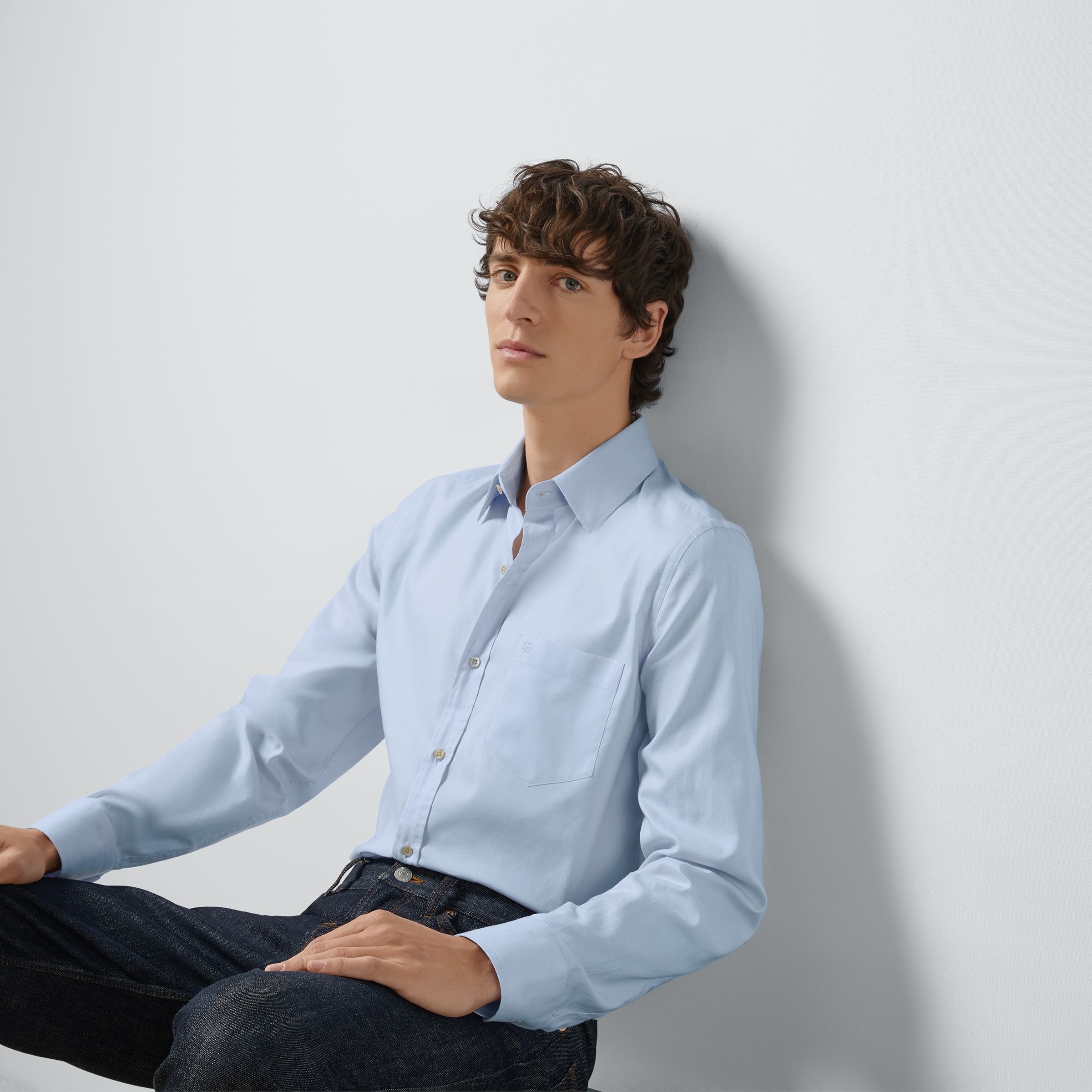 Gucci oc11z1025 Cotton Shirt With Double G Embroidery in Sky Blue Size US L / EU 52-54 / 3 - 6 Thumbnail