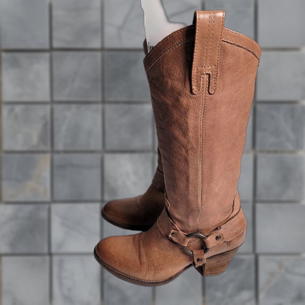 Frye VINTAGE Frye Taylor Harness Boots Brown Leather Western Ladies 6 Almond Toe Slip On Cowboy Mid Heel Leather Outsole Womens Size US 6 / IT 36 - 1 Thumbnail