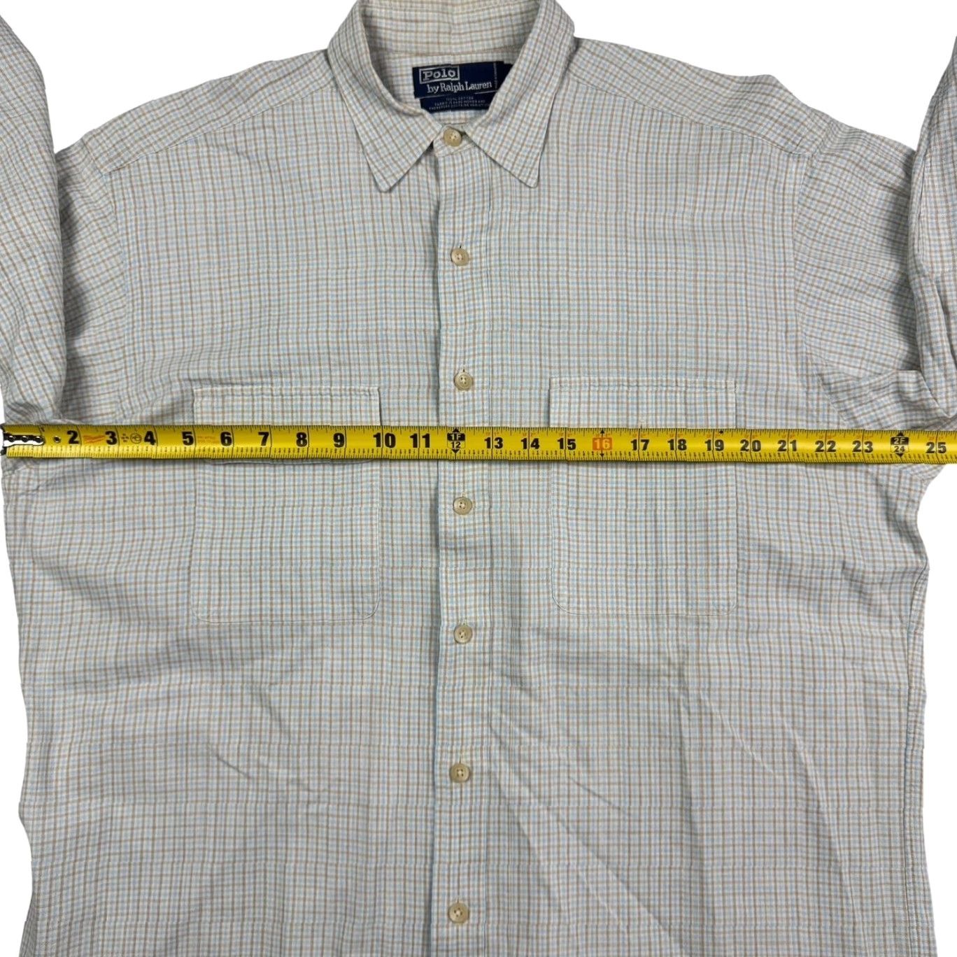 Polo Ralph Lauren Shirt Large Mens 100% Cotton L/S Button-Front Beige Plaid with Chest Pockets Classic Fit