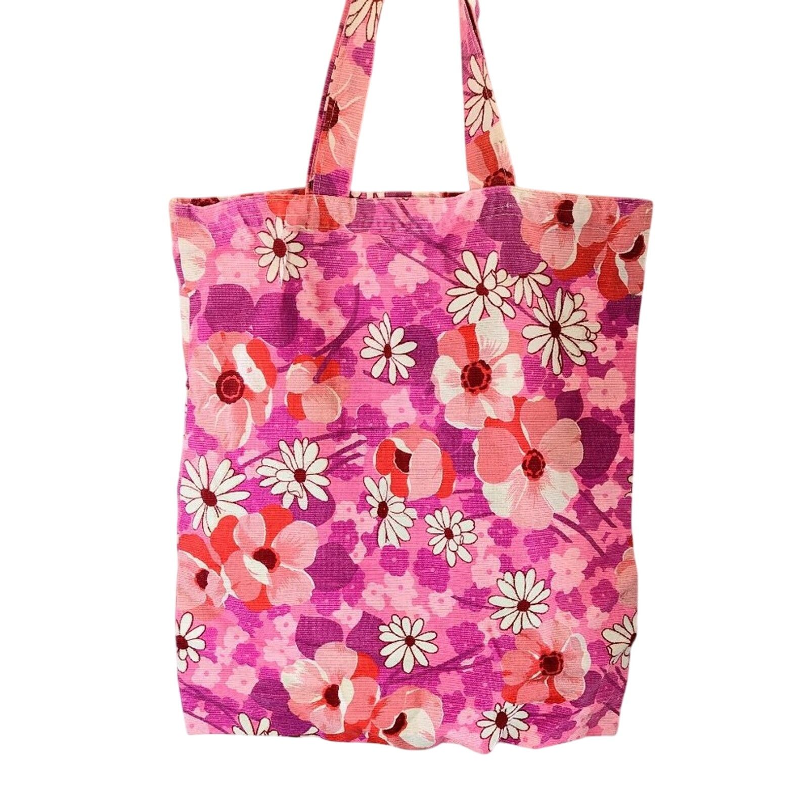Vintage Bright Pink Floral Poppy Daisy Retro Print Fabric Tote Bag Size ONE SIZE - 1 Thumbnail