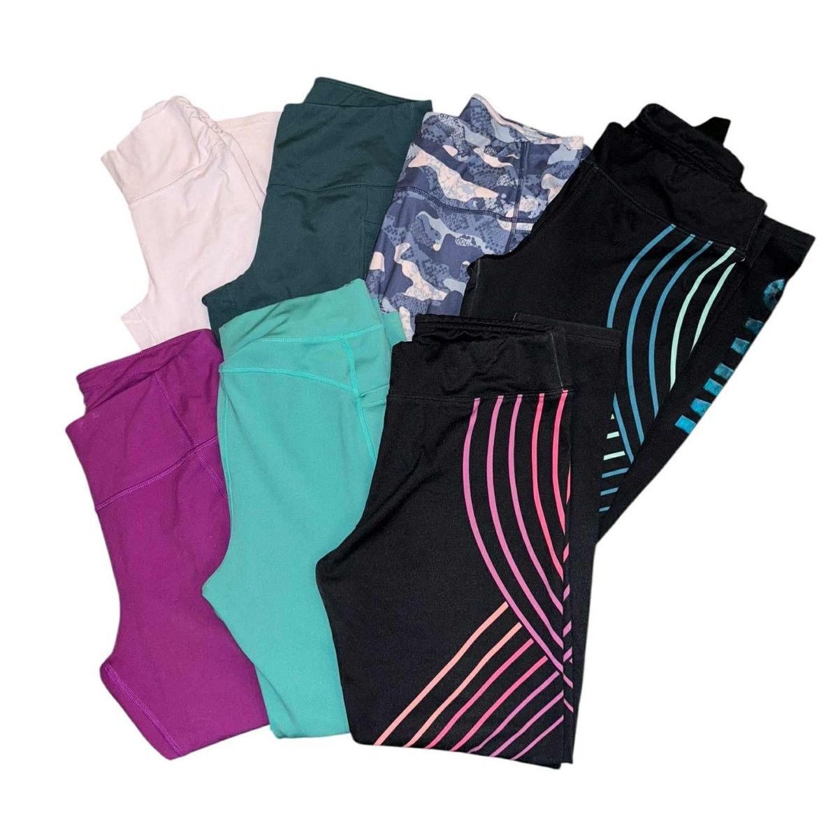 Other 7 Pair Leggings Athletic Stretch Full Length Black/Green LG Size 42" / US 20 - 2 Thumbnail
