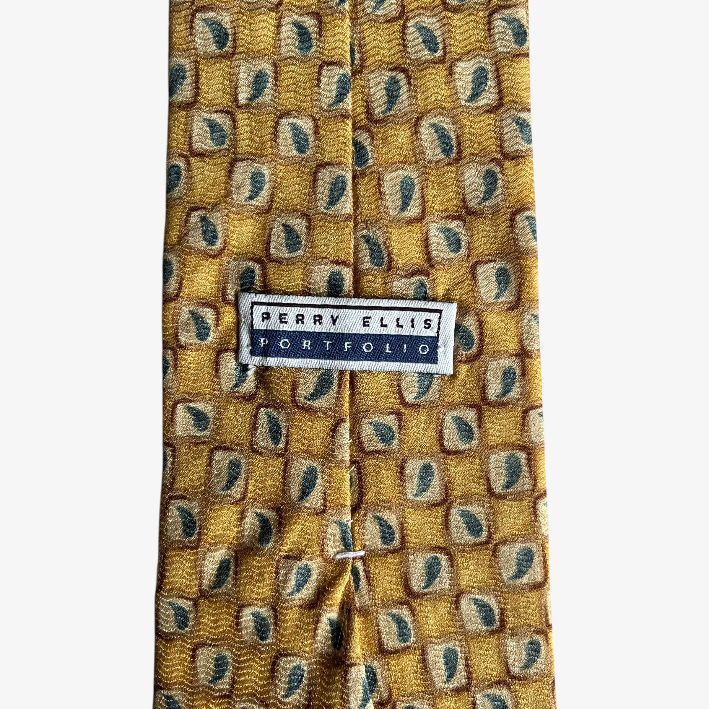 Perry Ellis Vintage 90s Perry Ellis Paisley Checkered Yellow Silk Tie Size ONE SIZE - 2 Thumbnail