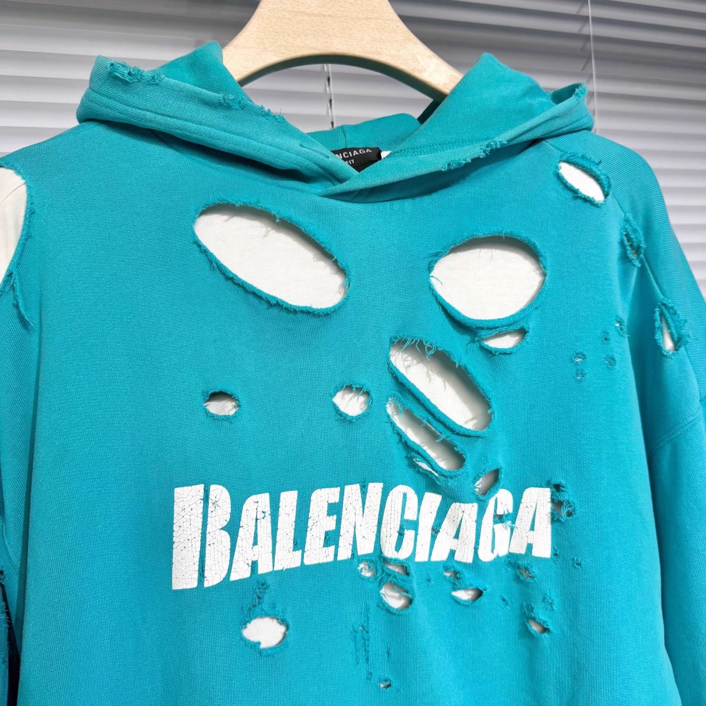 Balenciaga Balenciaga Hoodie Lake Blue XS Distressed Double Layer Logo Size US XS / EU 42 / 0 - 3 Thumbnail