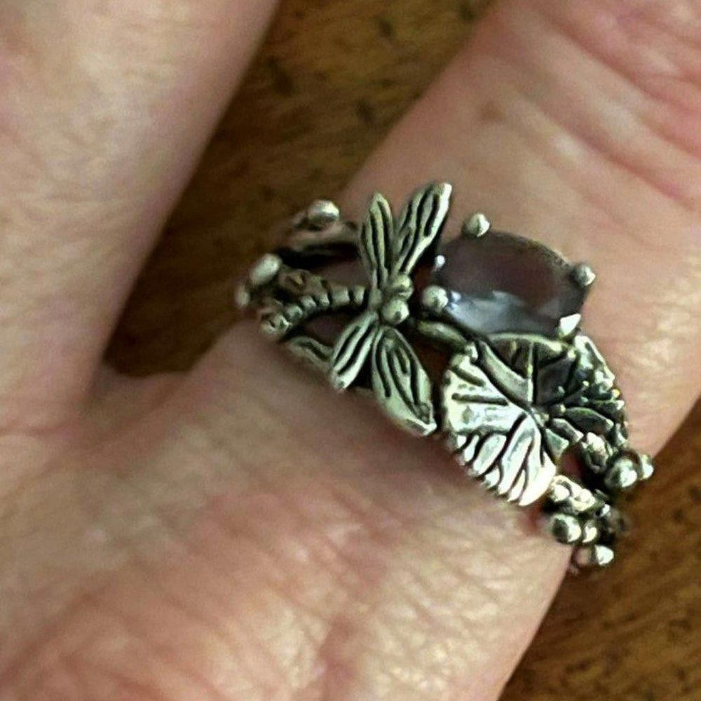 Designer Retro Vintage Leaf Dragonfly Purple Crystal Silver Ring Size ONE SIZE - 9 Thumbnail