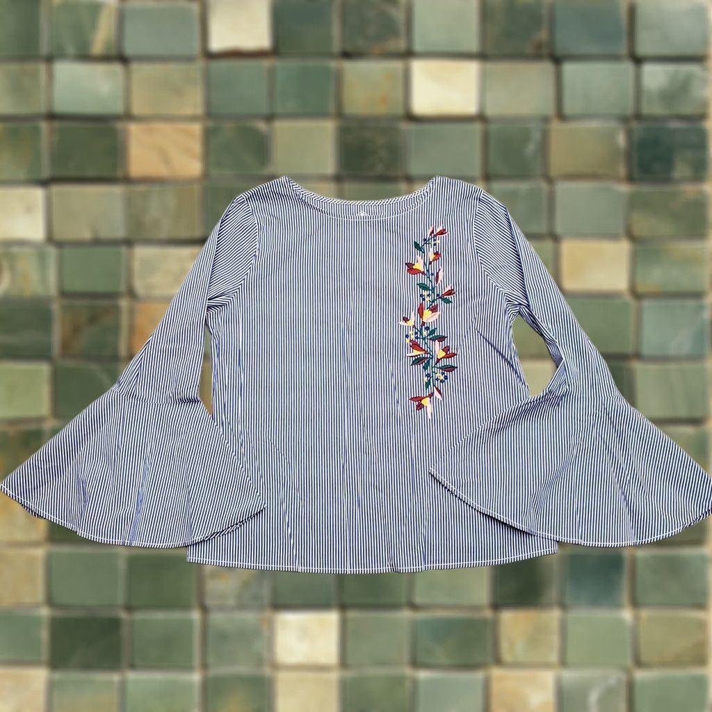 Vintage St Johns Bay Shirt Womens M Petite Blue Striped Floral Embroidered Bell Sleeve Shirt Womens PM Blue Striped Floral Embroidered Bell Sleeve Size M / US 6-8 / IT 42-44 - 1 Thumbnail