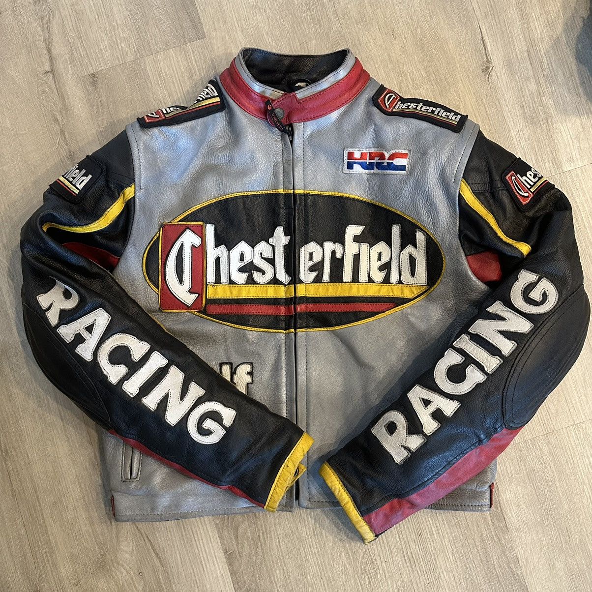 image of Leather Jacket x Racing VTG Chesterfield Leather Moto Grand Prix Racer Jacket in Silver Black (Size