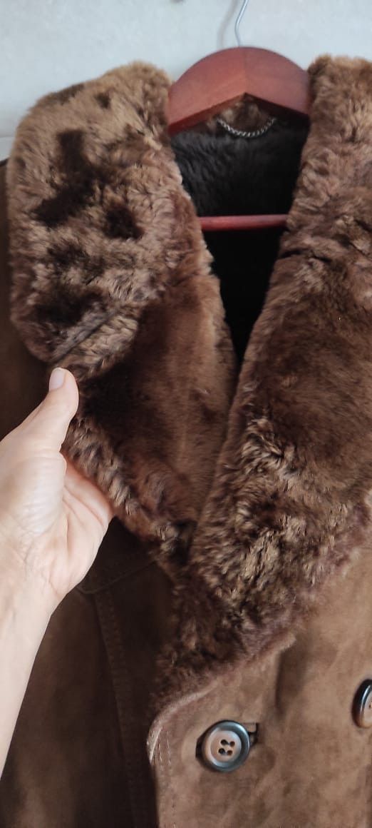 Genuine Suede Sheepskin Brown Leather Shearling Coat