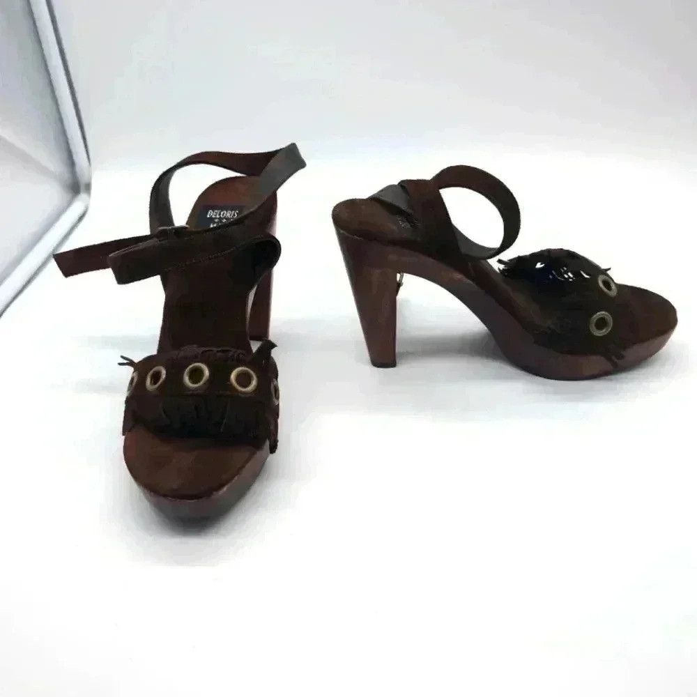 Vintage Delores and Maxine Brandy shoes Brown sz 6 Wood heel strapp Size US 6 / IT 36 - 1 Thumbnail
