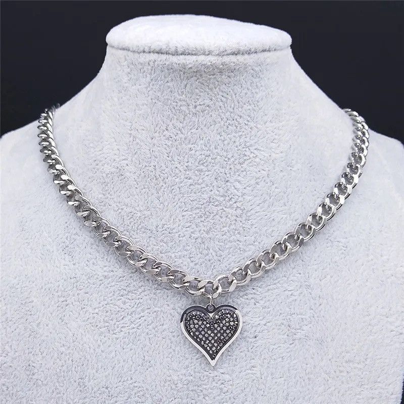 Jewelry Heart Stainless Steel Black Crystal Chokers Necklace Size ONE SIZE - 1 Thumbnail