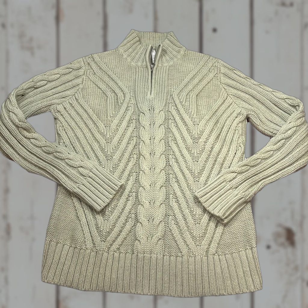 Vintage Leo Nicole Green Cable Knit Cardigan Sweater 1/4 Zip Mock Neck Cotton Large Women’s Long Sleeve Cardigan Size L / US 10 / IT 46 - 1 Thumbnail