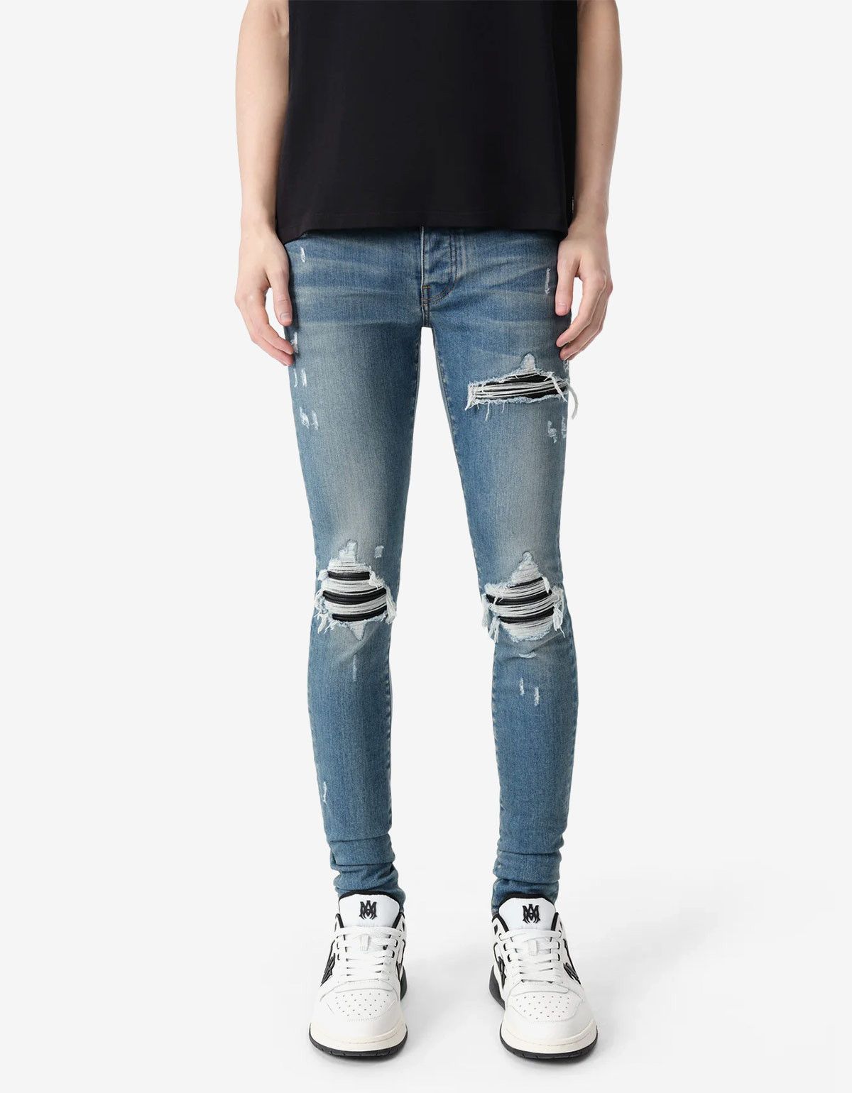 Amiri Tie Dye Core Logo Skinny Jean in Stone Indigo | FWRD