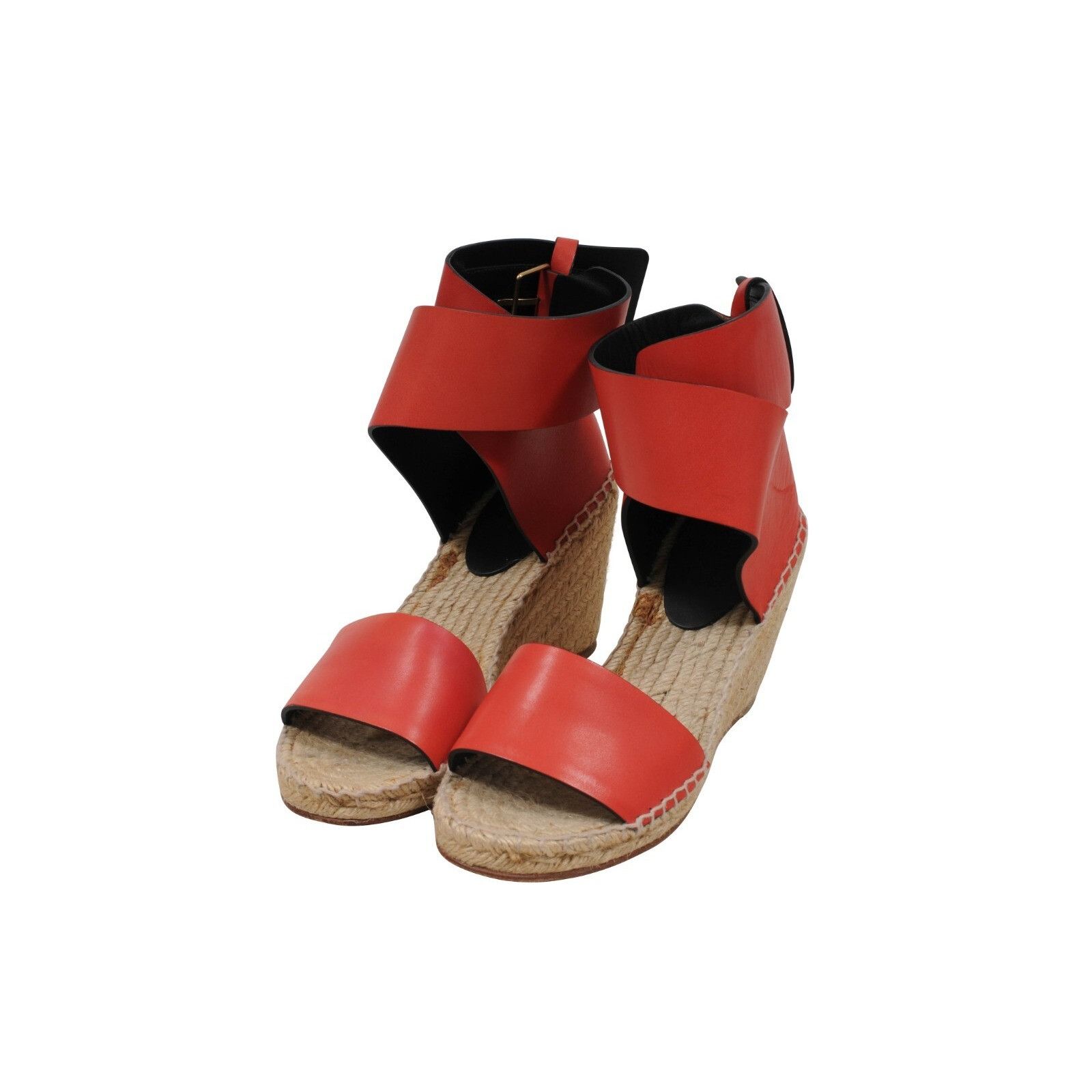 Celine Espadrille Sandals Red Leather Wedge Heels Size US 7 / IT 37 - 3 Thumbnail