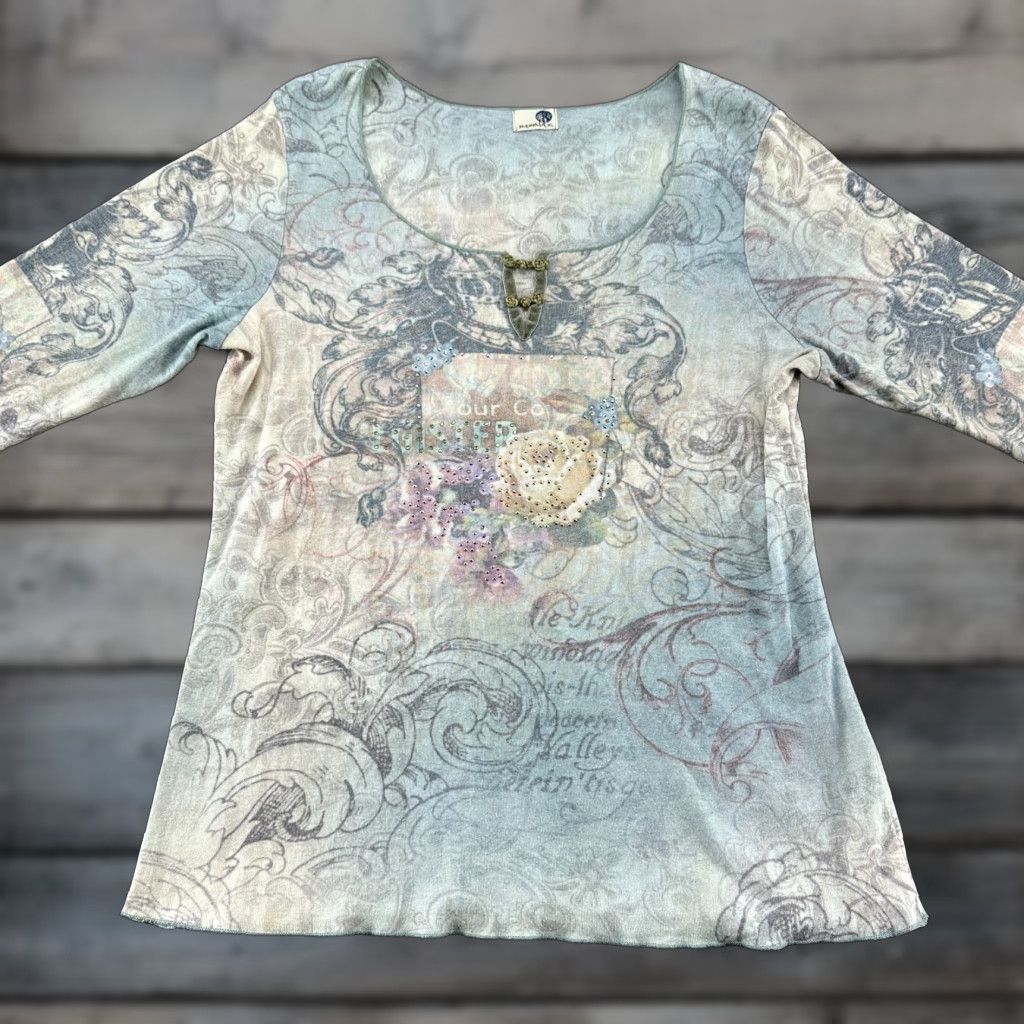 Vintage VINTAGE OneWorld Shirt Womens XL Blue Scoop Rhinestone Floral Boho AOP USA Y2K Butterfly Floral Theme Casual Size XL / US 12-14 / IT 48-50 - 1 Thumbnail