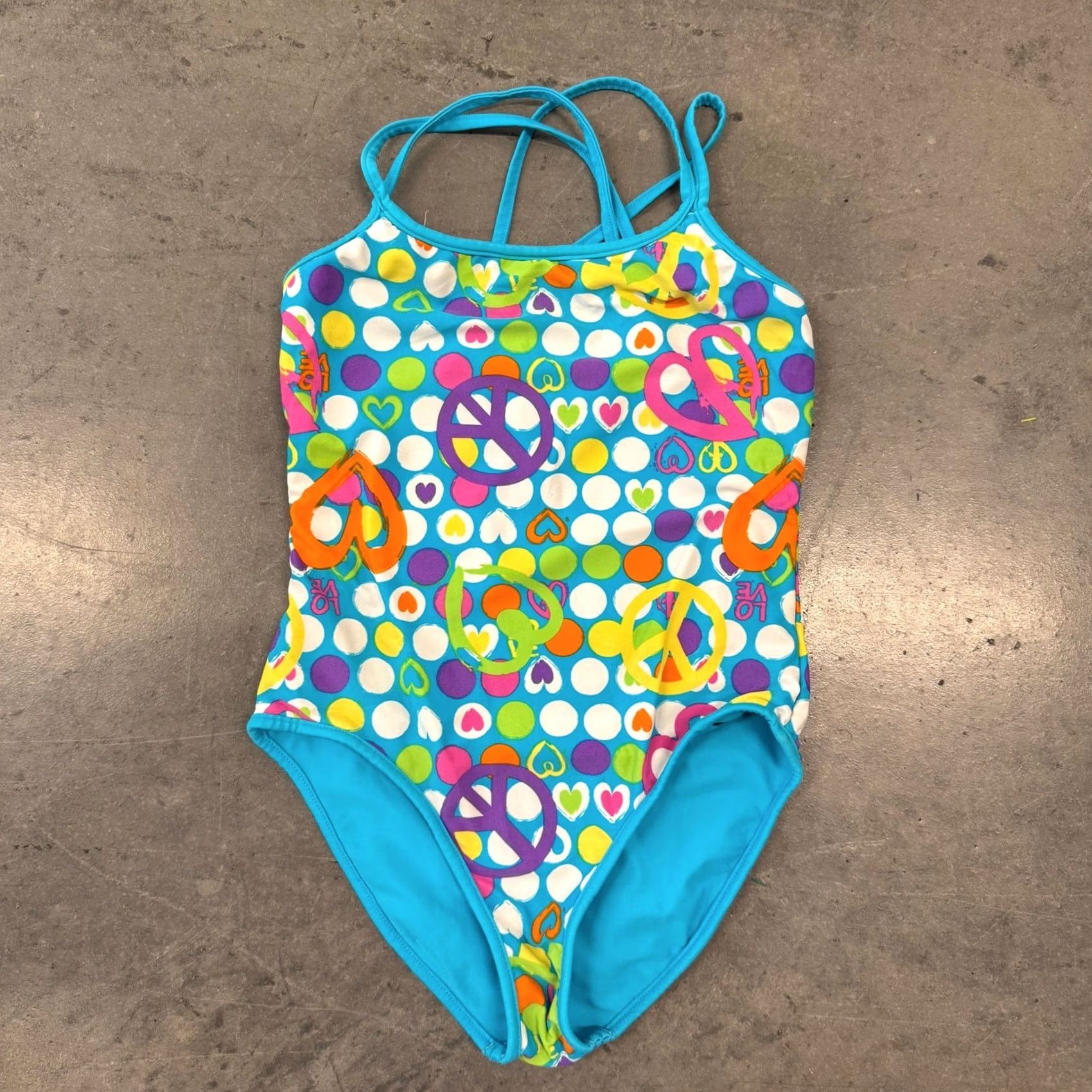 Vintage VINTAGE Laguna One Piece Swimsuit Womens S Blue Peace Sign Heart Y2K Retro Size ONE SIZE - 2 Thumbnail