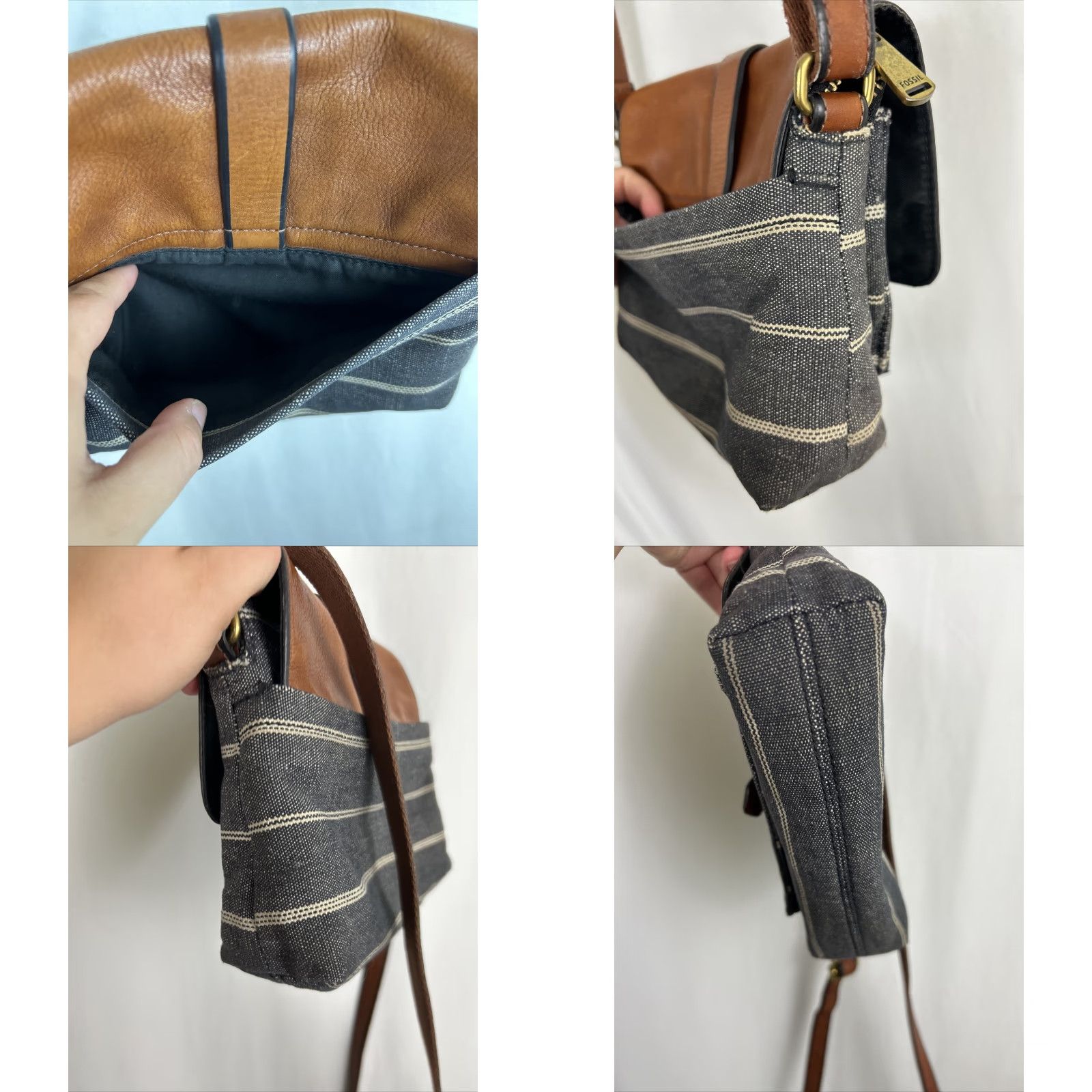 Fossil Fossil Crossbody Purse Black Denim Striped Brown Leather Flap Small Women Size ONE SIZE - 9 Thumbnail