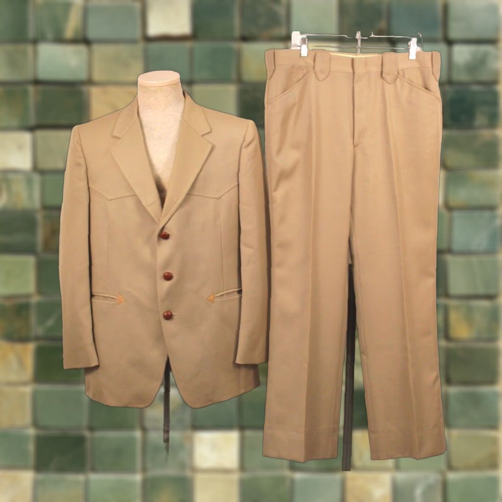 Vintage VINTAGE American Craftsman Western Style Khaki Leisure Suit Mens 1970s Polyester Sz L 70s Size 42R - 1 Thumbnail