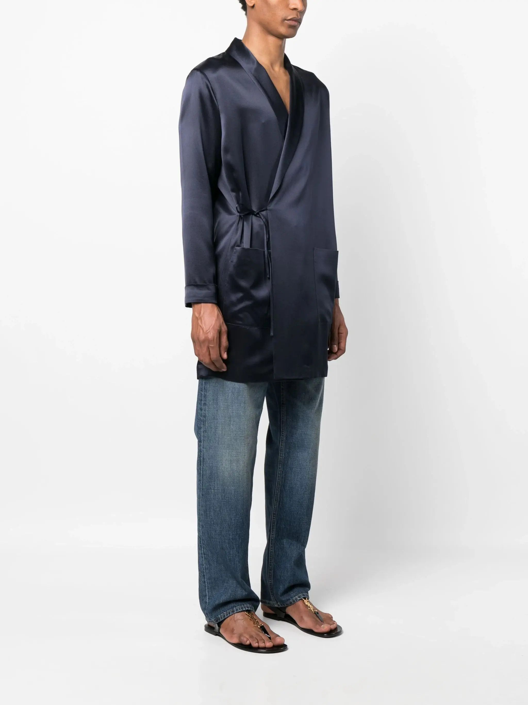 Saint Laurent Paris Saint Laurent Navy Satin Shawl Size US M / EU 48-50 / 2 - 1 Thumbnail