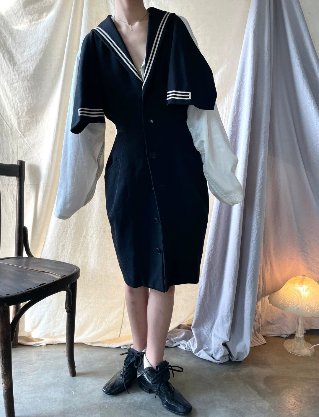Yohji Yamamoto YOHJI YAMAMOTO 1989FW Navy Waist-Cinched Wool Dress Size S / US 4 / IT 40 - 5 Thumbnail