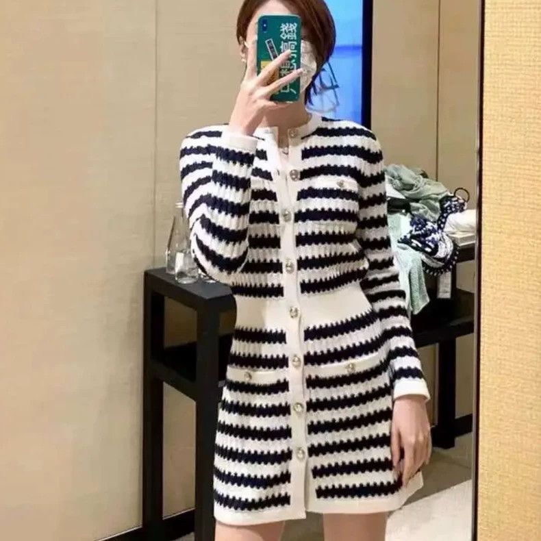 Chanel Chanel Blue White Stripe Sequin Knit Dress Size US 34 / EU 50 - 1 Thumbnail