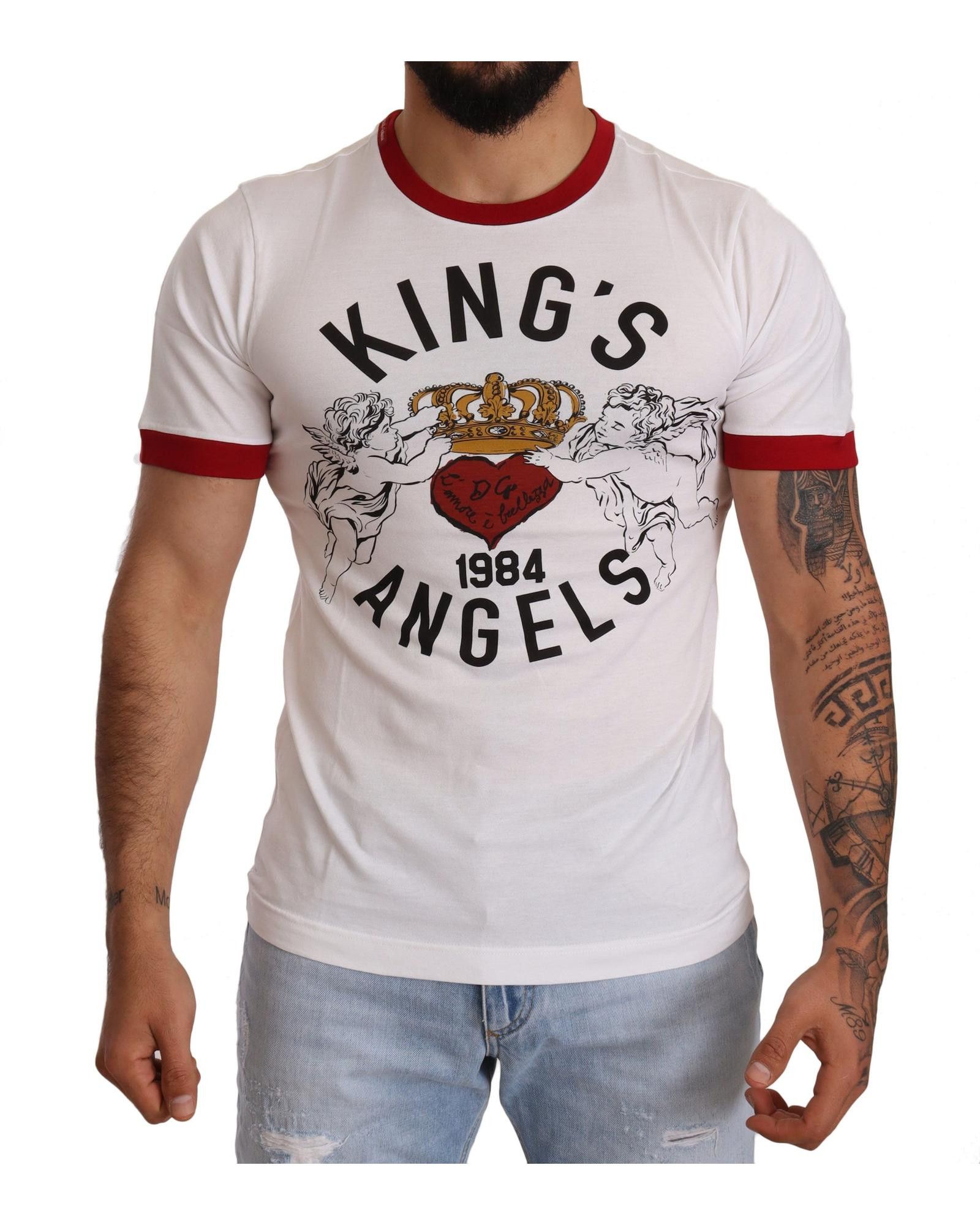 image of Dolce Gabbana Gorgeous Kings Angels Print Cotton T-Shirt in White, Men's (Size XS)