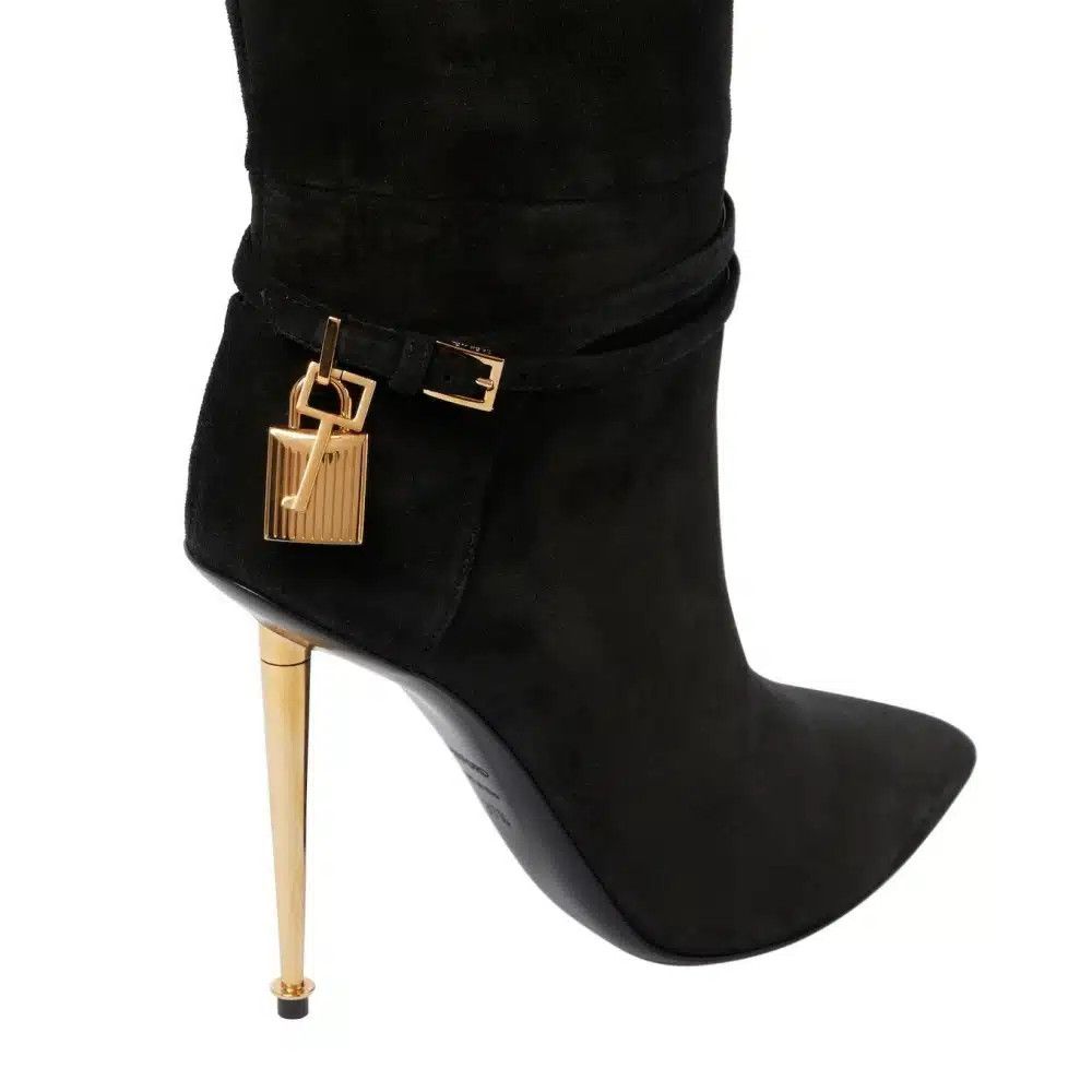 Tom Ford o1loc1c1124 W2529T Padlock Suede Knee Boots in Black Size US 12 / IT 42 - 3 Thumbnail