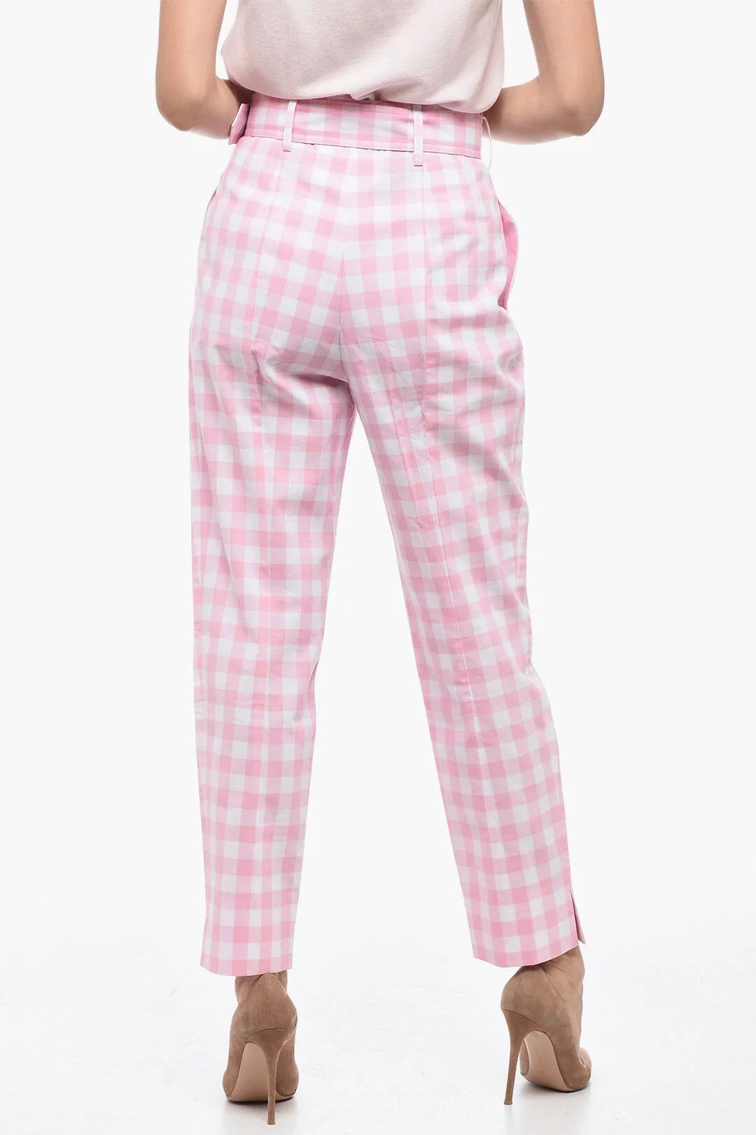 Prada og1mm0426 One-Pleat Vichy Cotton Pant in Pink Size 26" / US 2 / IT 38 - 2 Thumbnail