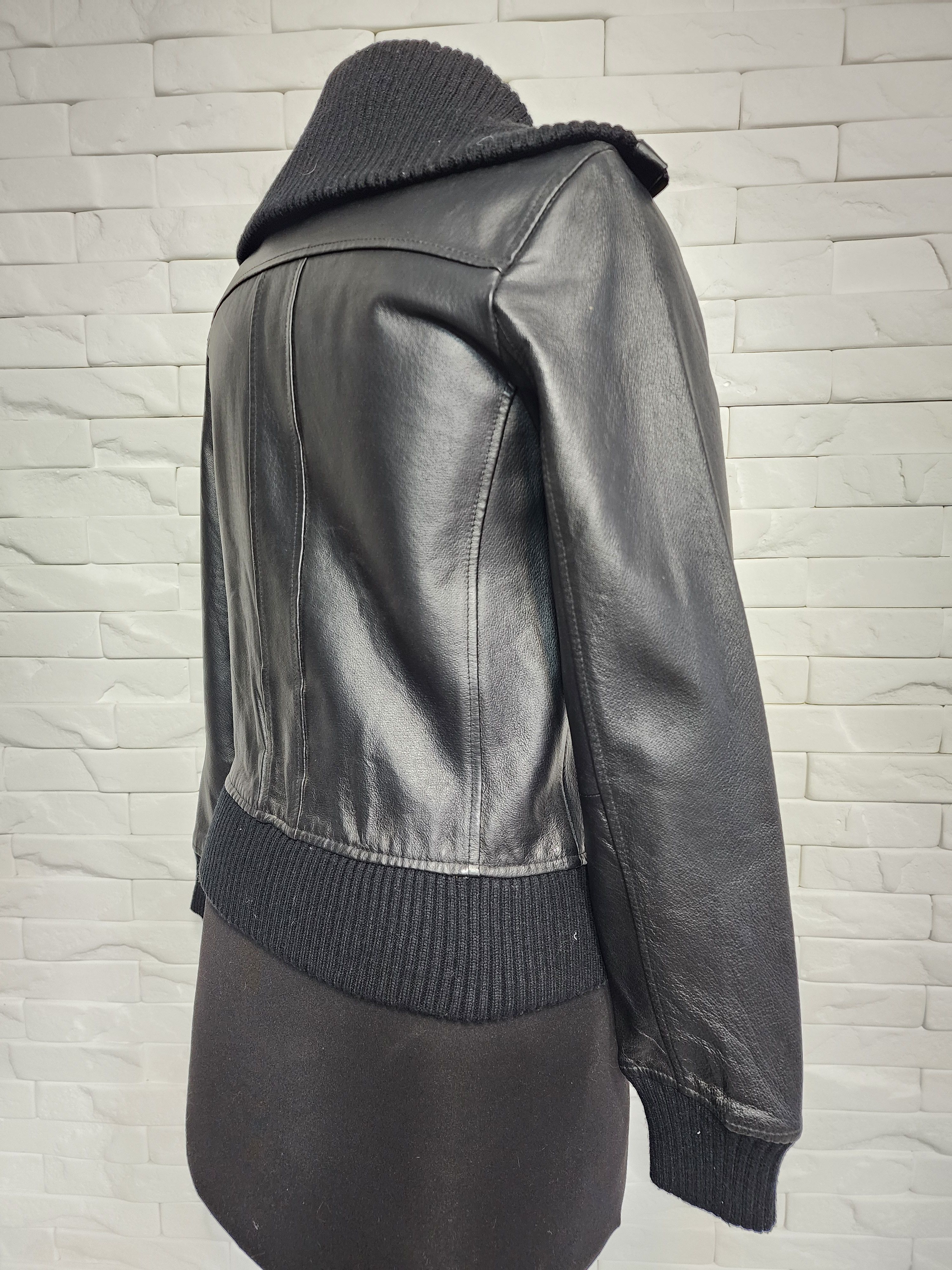 Other Black Leather Jacket: Women's Zip-Up Bomber with Knit Trim Size M / US 6-8 / IT 42-44 - 6 Thumbnail