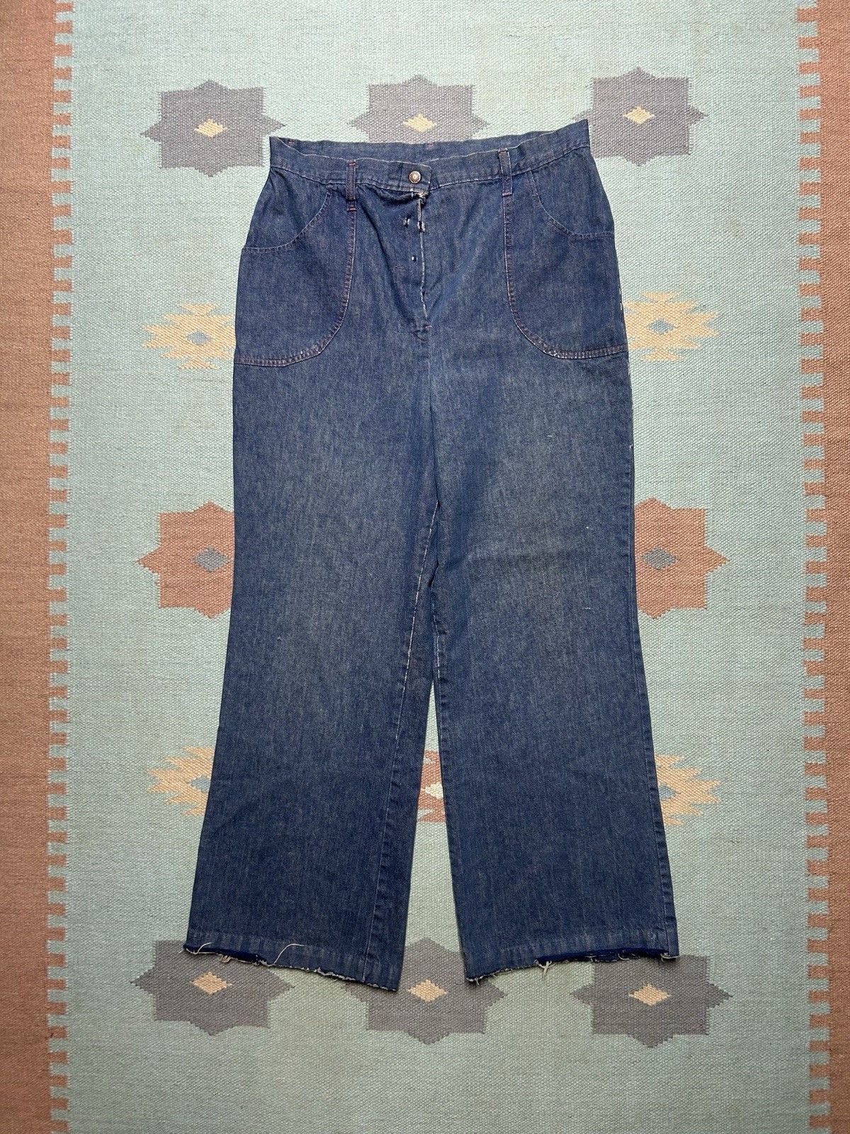 Vintage VTG 70s denim bell bottom jeans wide flare hippie dark 32x29 Size 32" / US 10 / IT 46 - 1 Thumbnail