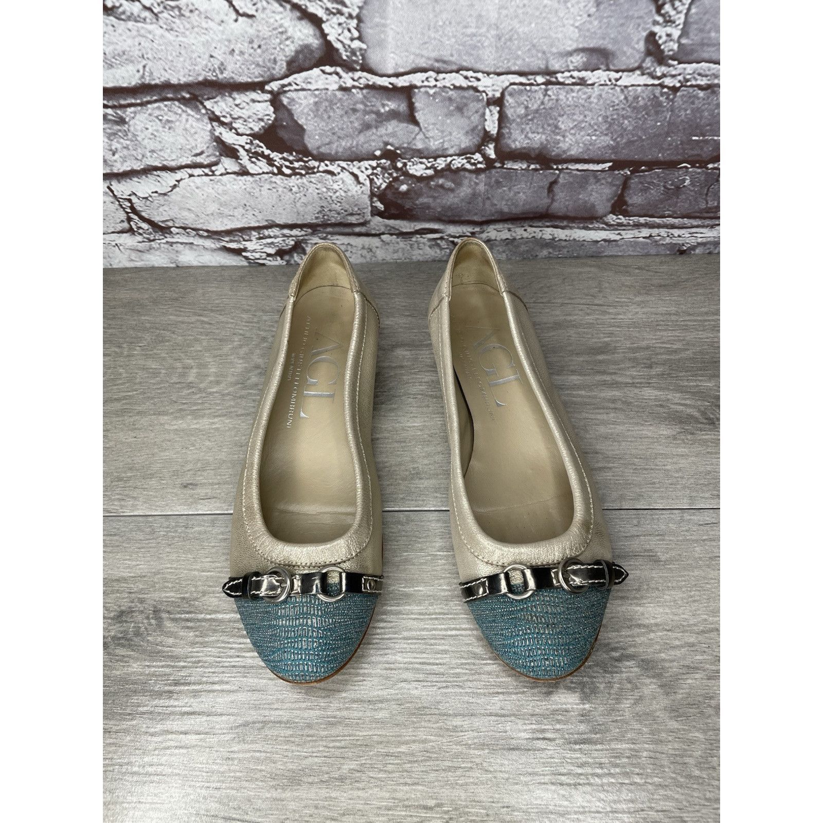AGLINI AGL Metallic Gold Shimmer Leather Blue Cap Toe Ballet Flats Size US 6 / IT 36 - 9 Thumbnail