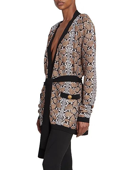 Balmain o1s1wg110825 Python Print Belted Cardigan in Brown Size XL / US 12-14 / IT 48-50 - 3 Thumbnail