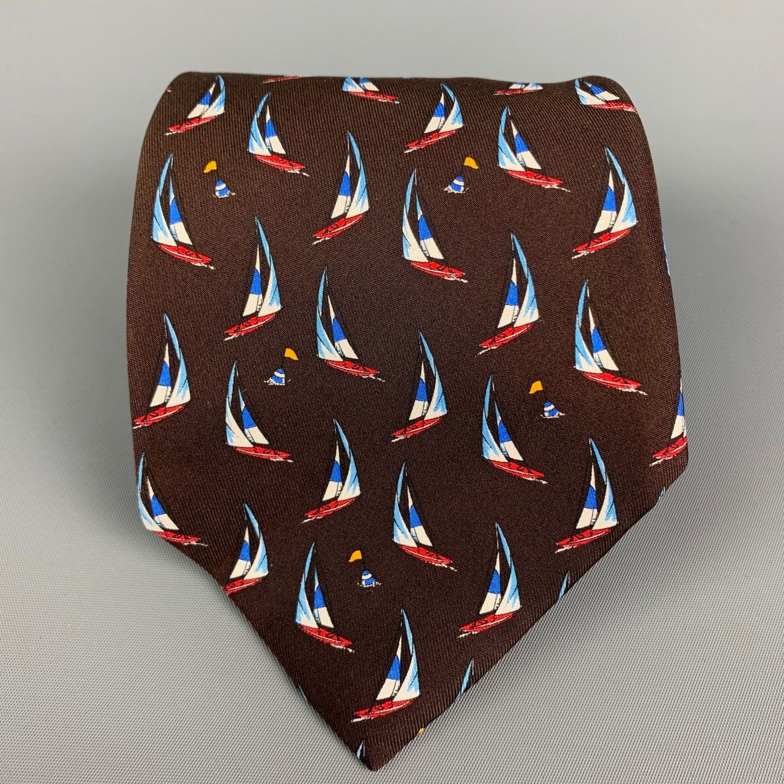 Etro ETRO Brown Print Sailboat Print Silk Tie Size ONE SIZE - 1 Thumbnail
