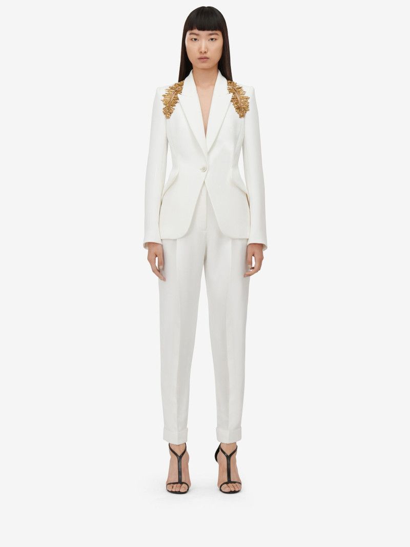 Alexander McQueen o1srvl11e0326 Peak Shoulder Leaf Crepe Jacket in Ivory Size M / US 6-8 / IT 42-44 - 2 Thumbnail