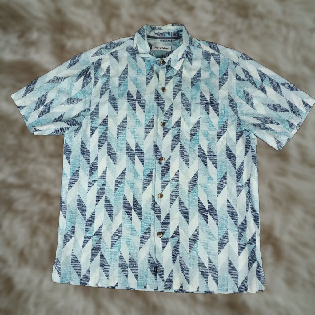 Tommy Bahama Tommy Bahama Blue Geometric Silk Blend Button-Up Shirt Mens Large Hawaiian Casual Size US L / EU 52-54 / 3 - 1 Thumbnail