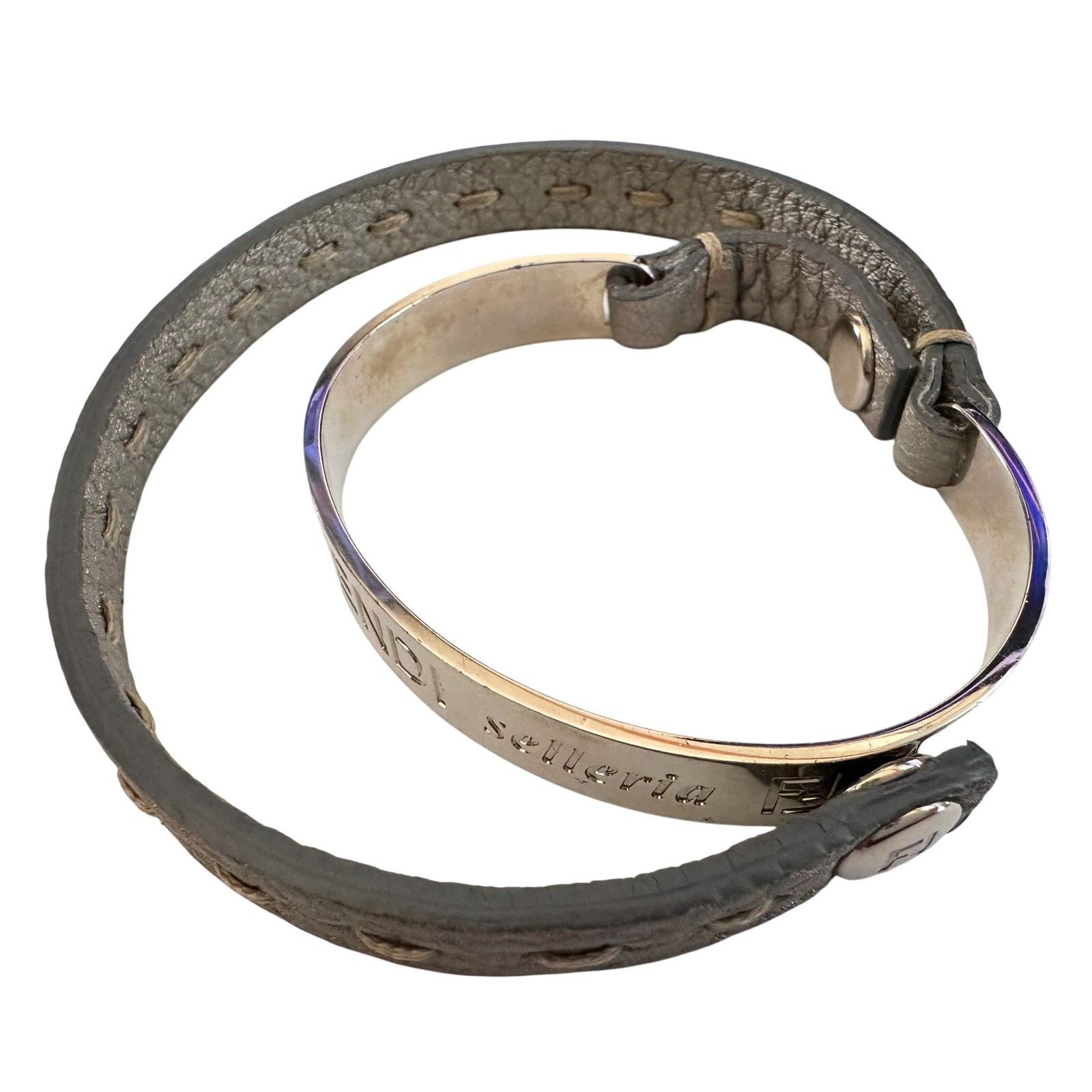 Fendi Fendi Selleria Metallic Cuff w Leather Double Wrap Bracelet Size ONE SIZE - 20 Thumbnail