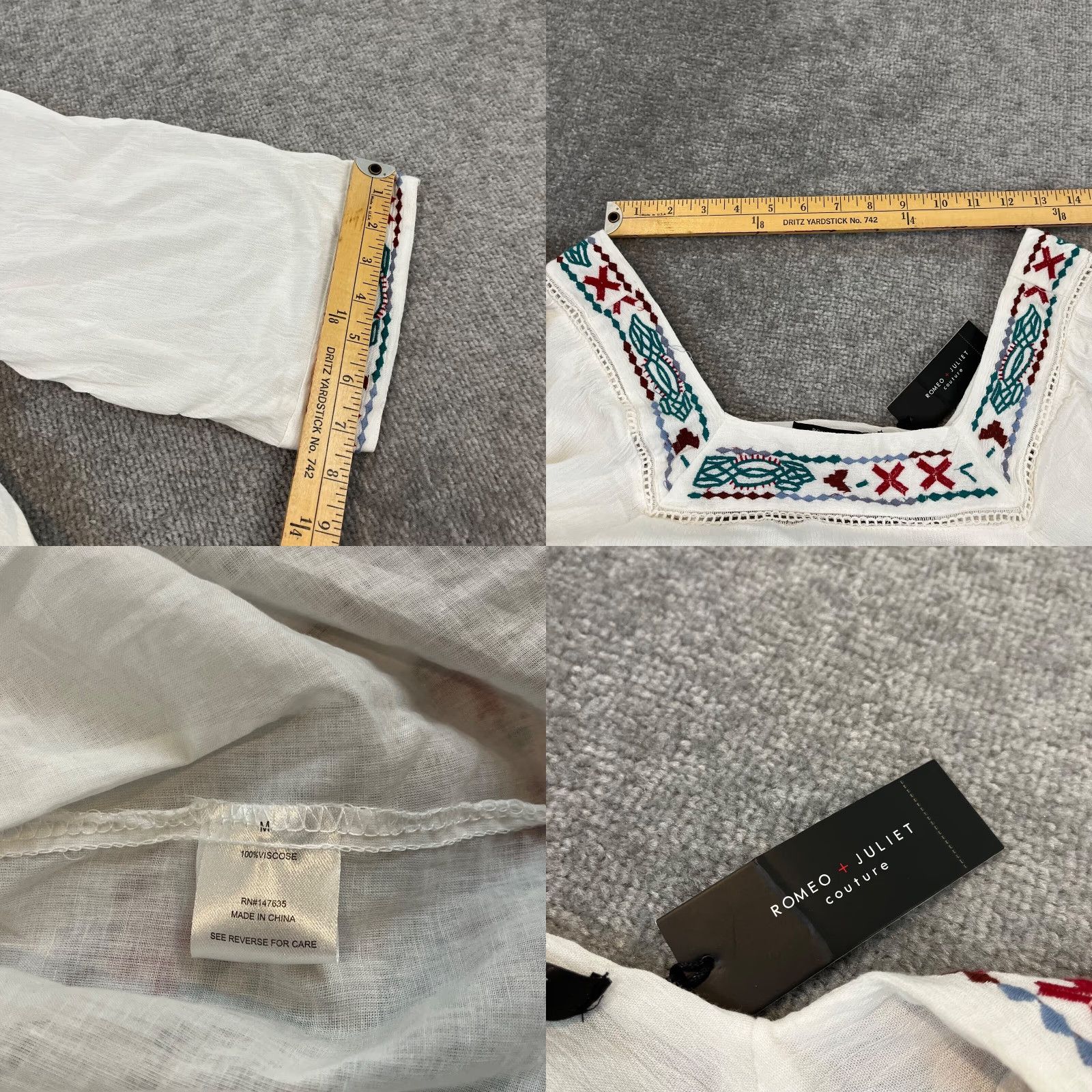 Vintage ROMEO + JULIET Dress Womens Medium White Embroidered Gauze Shift Square Neck NEW Size M / US 6-8 / IT 42-44 - 8 Thumbnail
