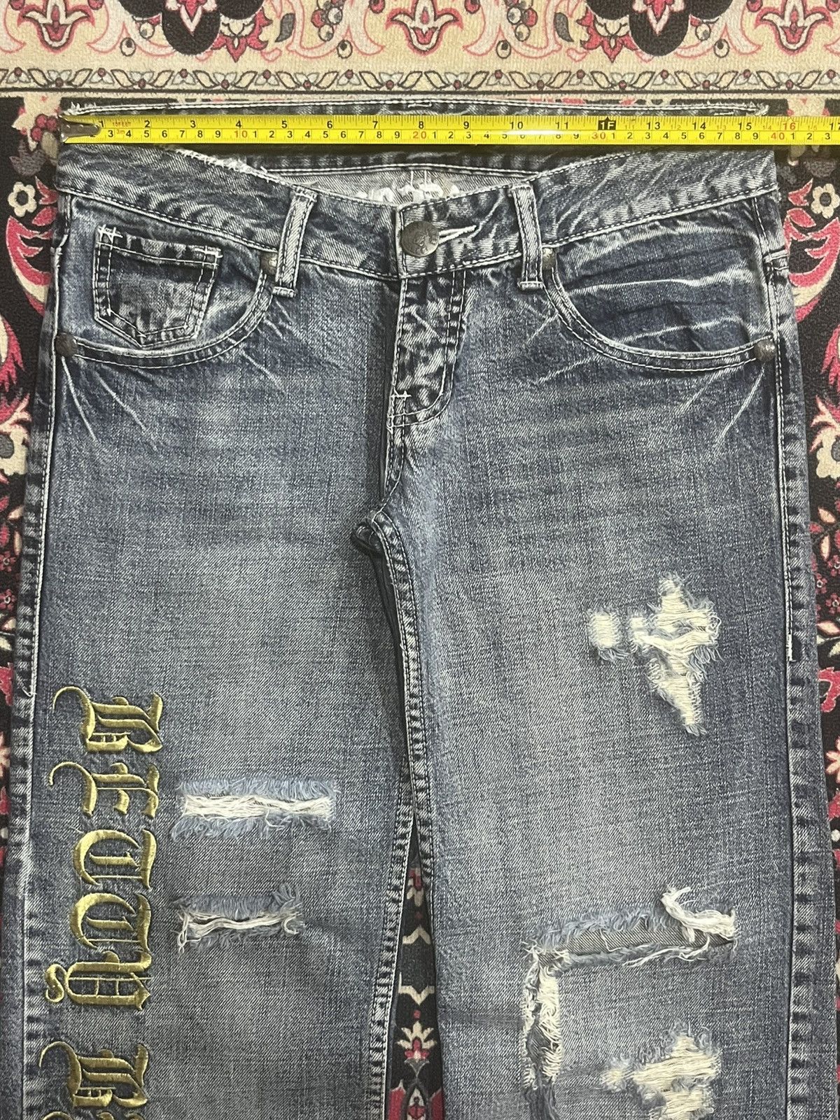 Hysteric Glamour Betty Blue Love Big Slogan Distressed Blue Cracked Jeans Size 30" / US 8 / IT 44 - 14 Thumbnail