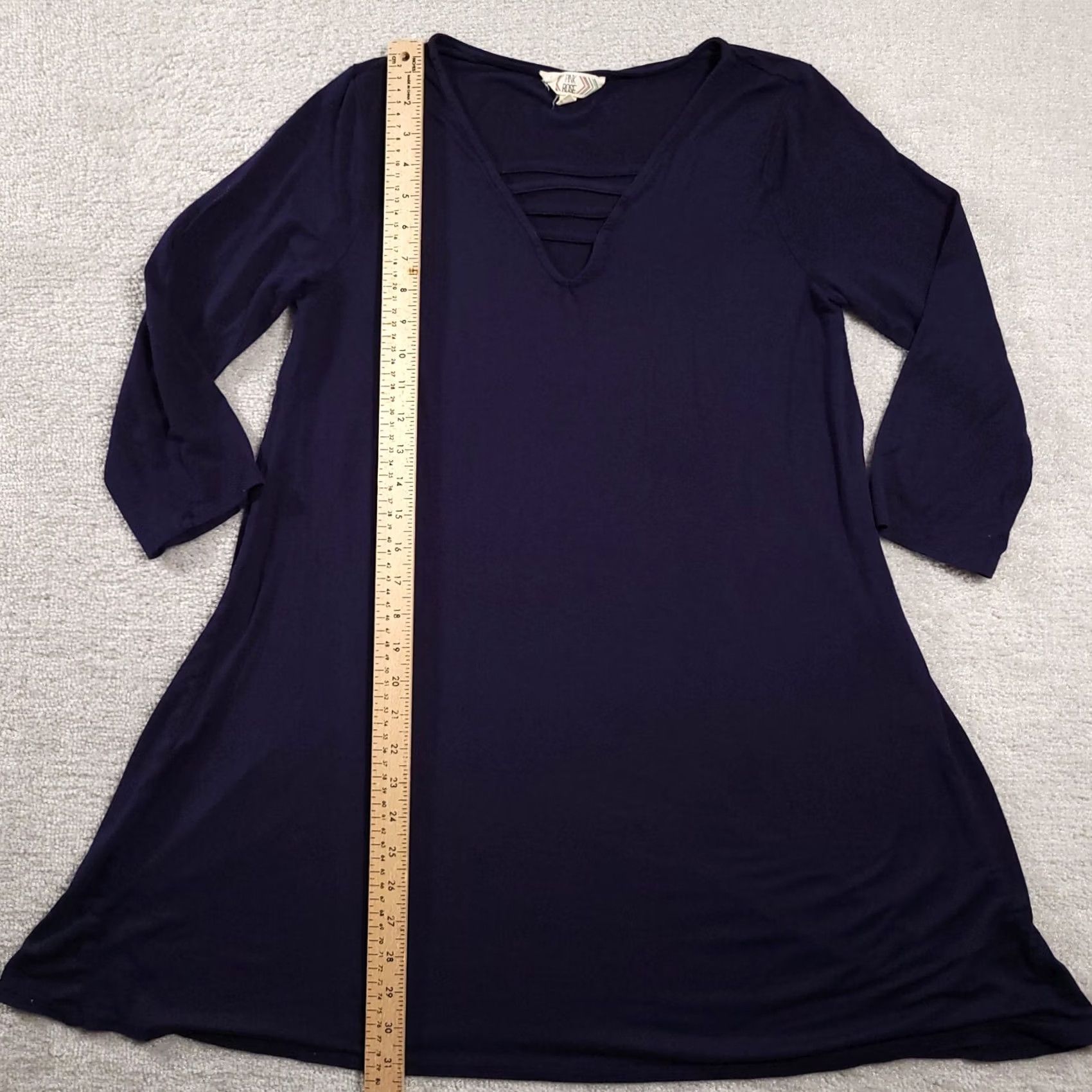 Vintage Pink Rose Dress Womens Large Blue Long Sleeve Knee Length Stretch V Neck Dress Size L / US 10 / IT 46 - 6 Thumbnail
