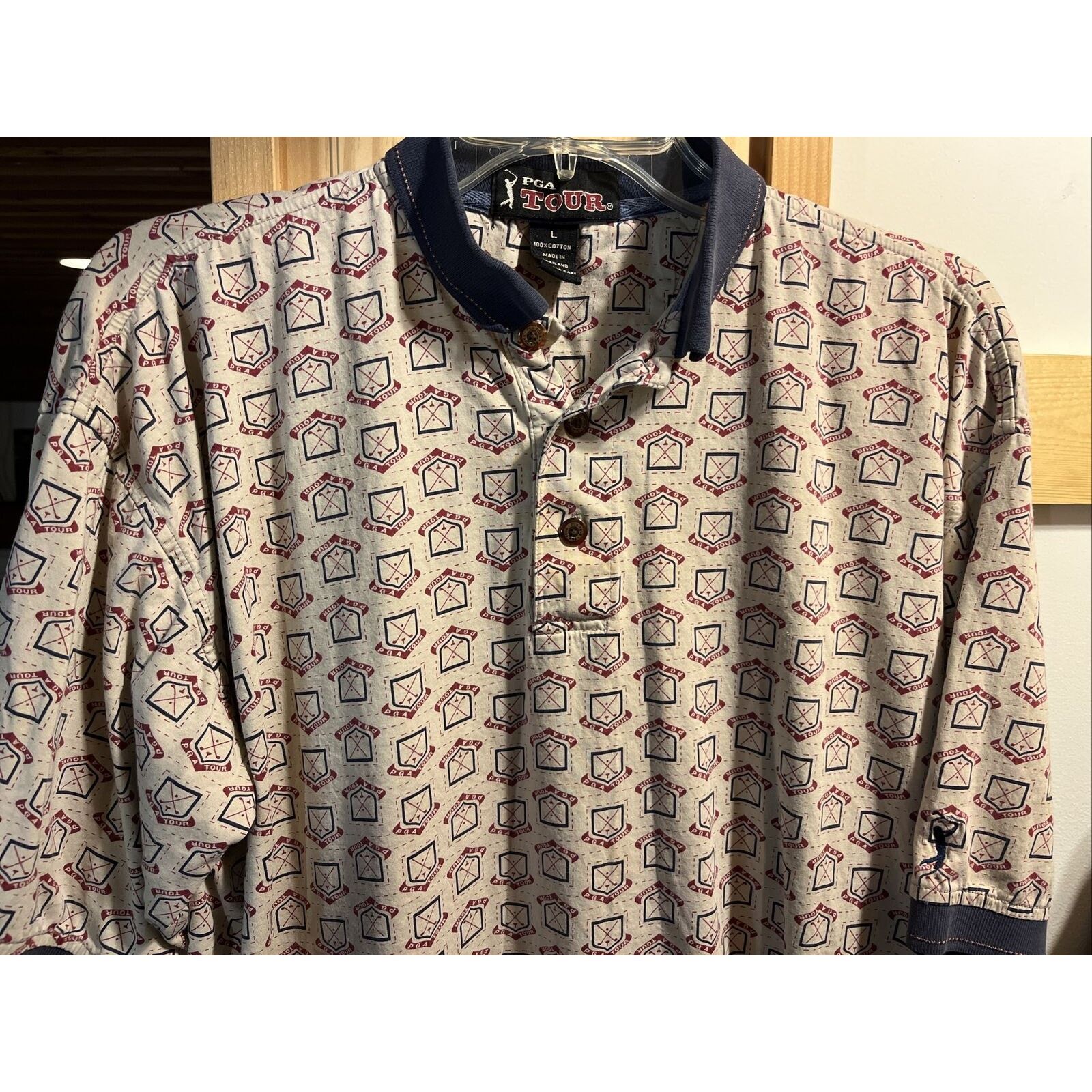 PGA Tour PGA Tour Men’s L Beige PGA Print Button Up Cotton Polo Shirt Size US L / EU 52-54 / 3 - 8 Thumbnail