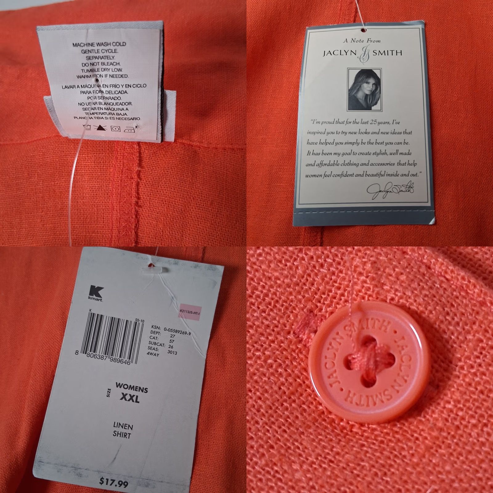 Vintage Jaclyn Smith Blouse Linen Rayon Blend Salmon Orange Collared Button Up 3/4 Sleeve Womens Regular 2XL Shirt Size XXL / US 16-18 / IT 52-54 - 8 Thumbnail
