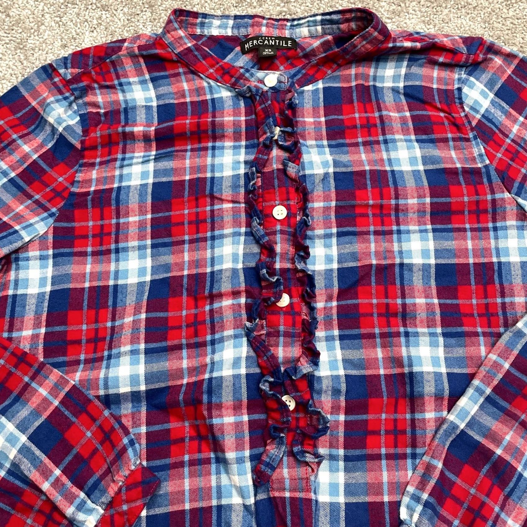 J.Crew J.CREW Button-Up Shirt Womens XS Gray Plaid Flannel Ruffle Half Button Up Shirts Womens XS Multi-Color Pattern Casual Top Size XS / US 0-2 / IT 36-38 - 3 Thumbnail