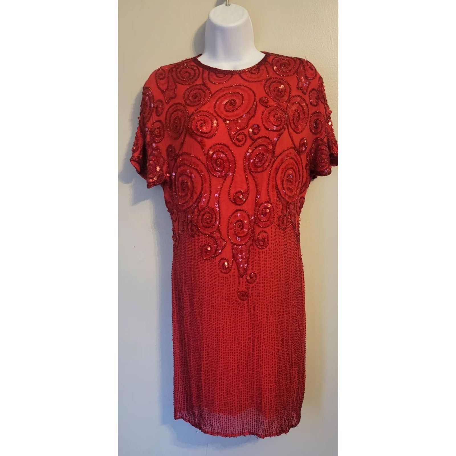 Vintage VINTAGE Niteline Red Beaded Sequin Flapper Cocktail Dress 1980s Silk Size 6 Womens Size M / US 6-8 / IT 42-44 - 2 Thumbnail