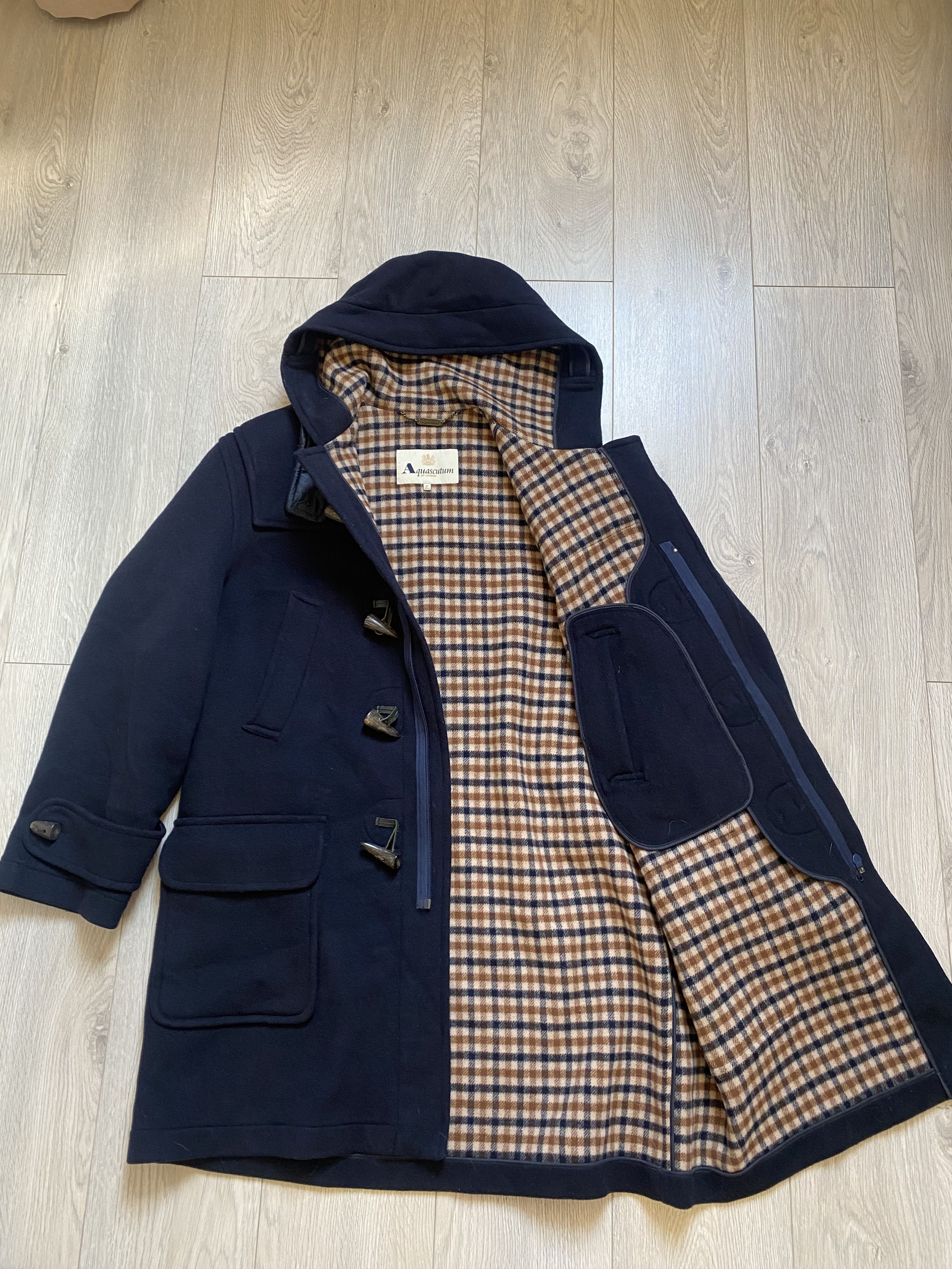 image of Aquascutum Wool Duffle Coat Size XL in Navy Blue, Men's