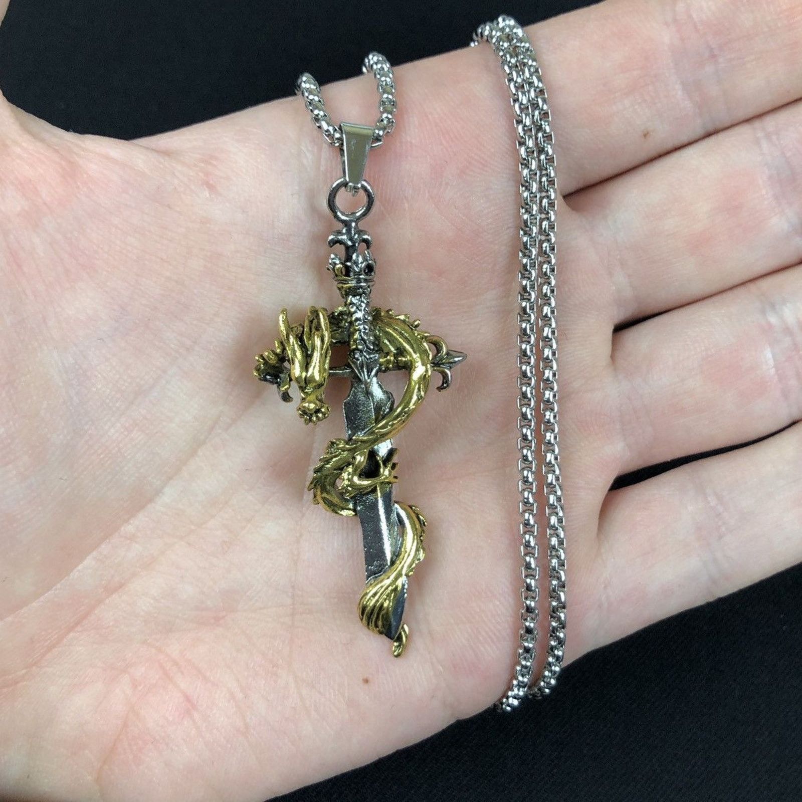 Jewelry Dragon Sword Necklace Punk Chain in Silver, Men's