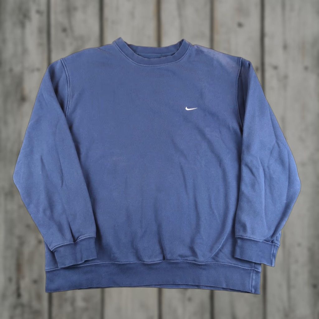 VINTAGE Nike Sweatshirt Gray Tag Center Swoosh 2XL Men Crewneck 90s Grunge USA Blue Embroidered