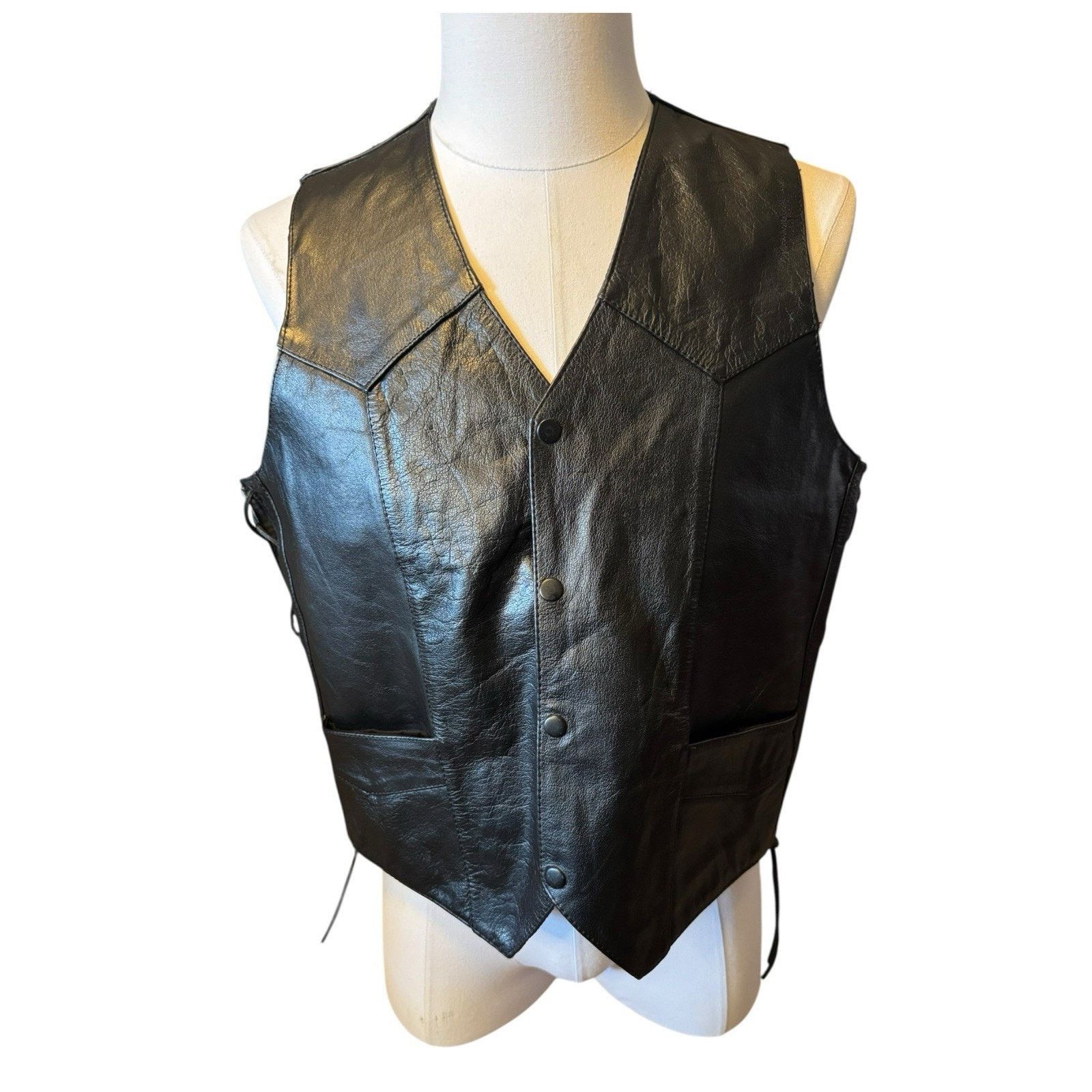 Vintage Genuine Leather Black Motorcycle Vest Side Lacing