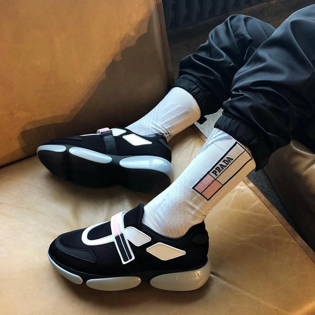 image of Prada Black And Pink Strap Knit Cloudbust Sneakers, Women's (Size 10)