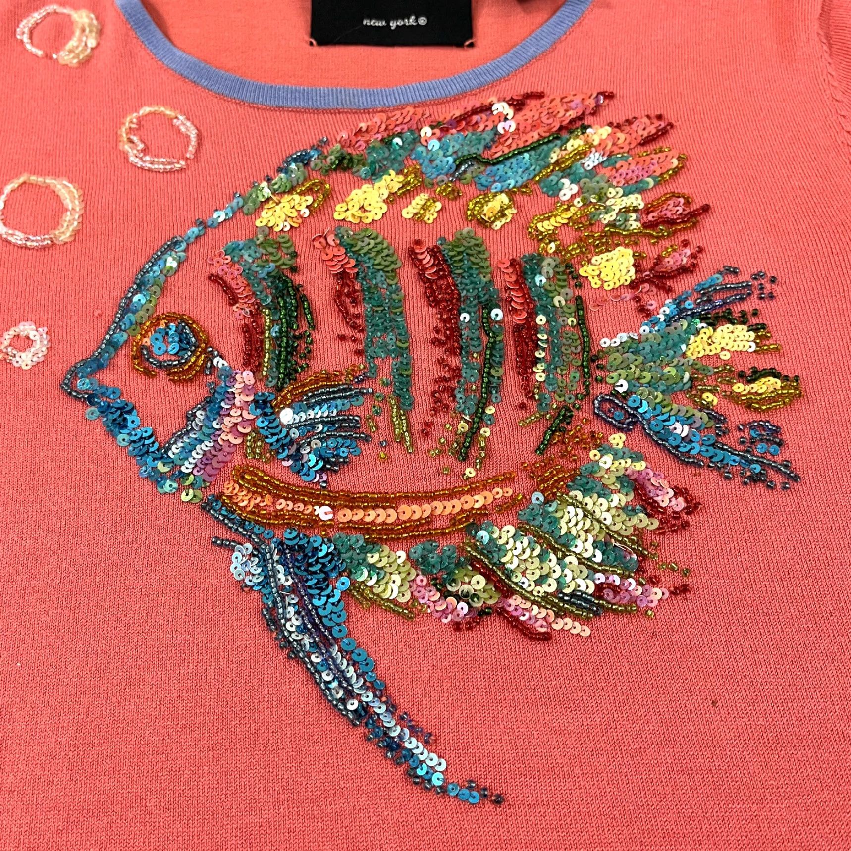 Simons MICHAEL SIMON New York Sweater Shirt Womens Small Sequin Beaded Fish Silk Top Size S / US 4 / IT 40 - 2 Thumbnail