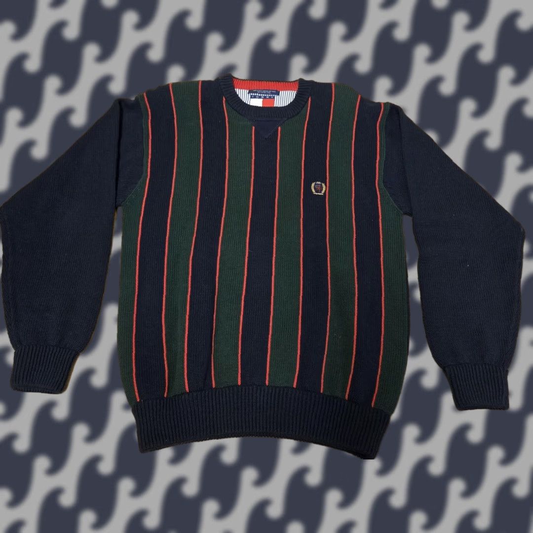 Tommy Hilfiger VINTAGE Tommy Hilfiger Sweater Mens M Navy Green Red Striped Cotton Crewneck Preppy Size US M / EU 48-50 / 2 - 1 Thumbnail