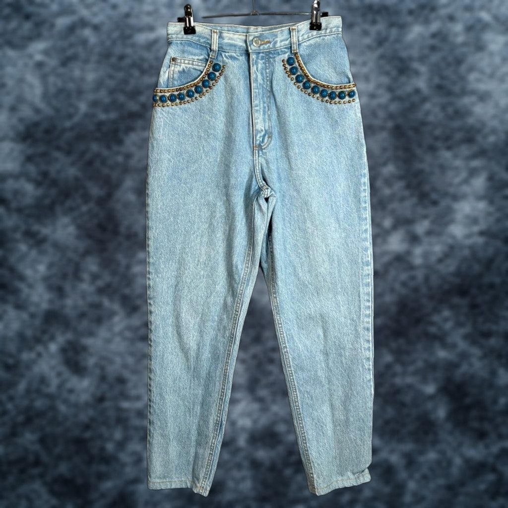 Vintage VINTAGE Whooz Blooz Womens 9 High-Waisted Light Wash Jeans w/ Beaded Pocket Size 30" / US 8 / IT 44 - 1 Thumbnail