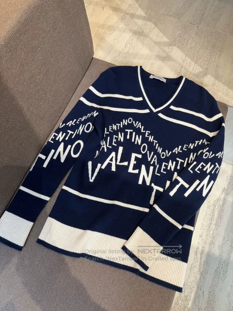 Valentino Valentino Blue and white letter V-neck sweater Size S / US 4 / IT 40 - 1 Thumbnail